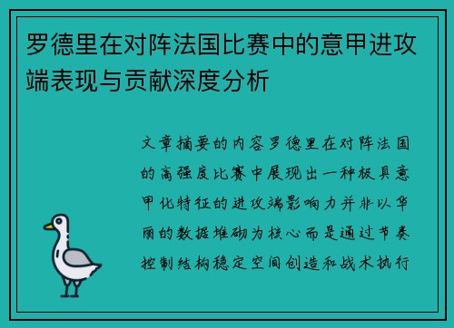罗德里在对阵法国比赛中的意甲进攻端表现与贡献深度分析